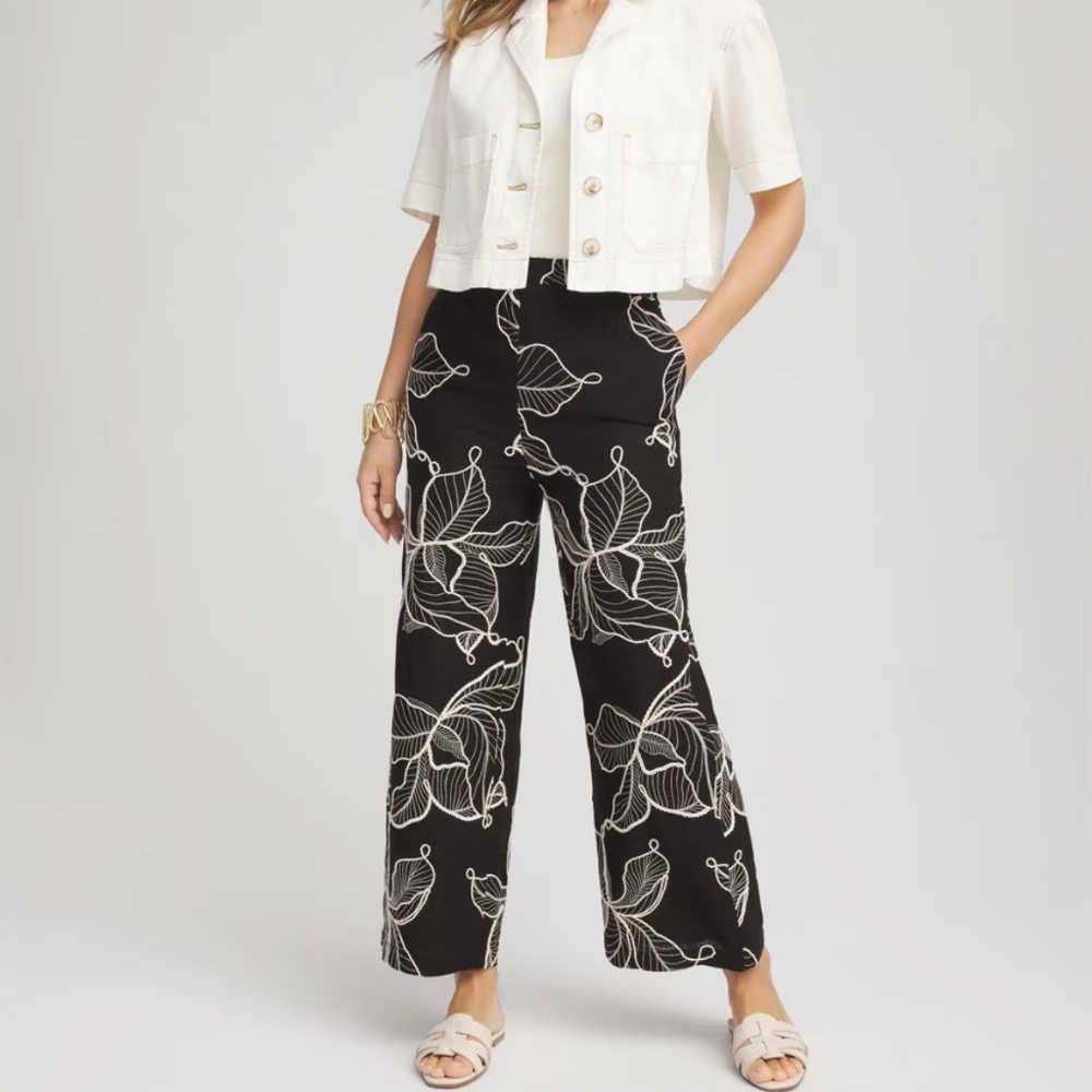NWT Chicos Linen Blend Black Cream Embroidered Wide Leg Pants Sz M